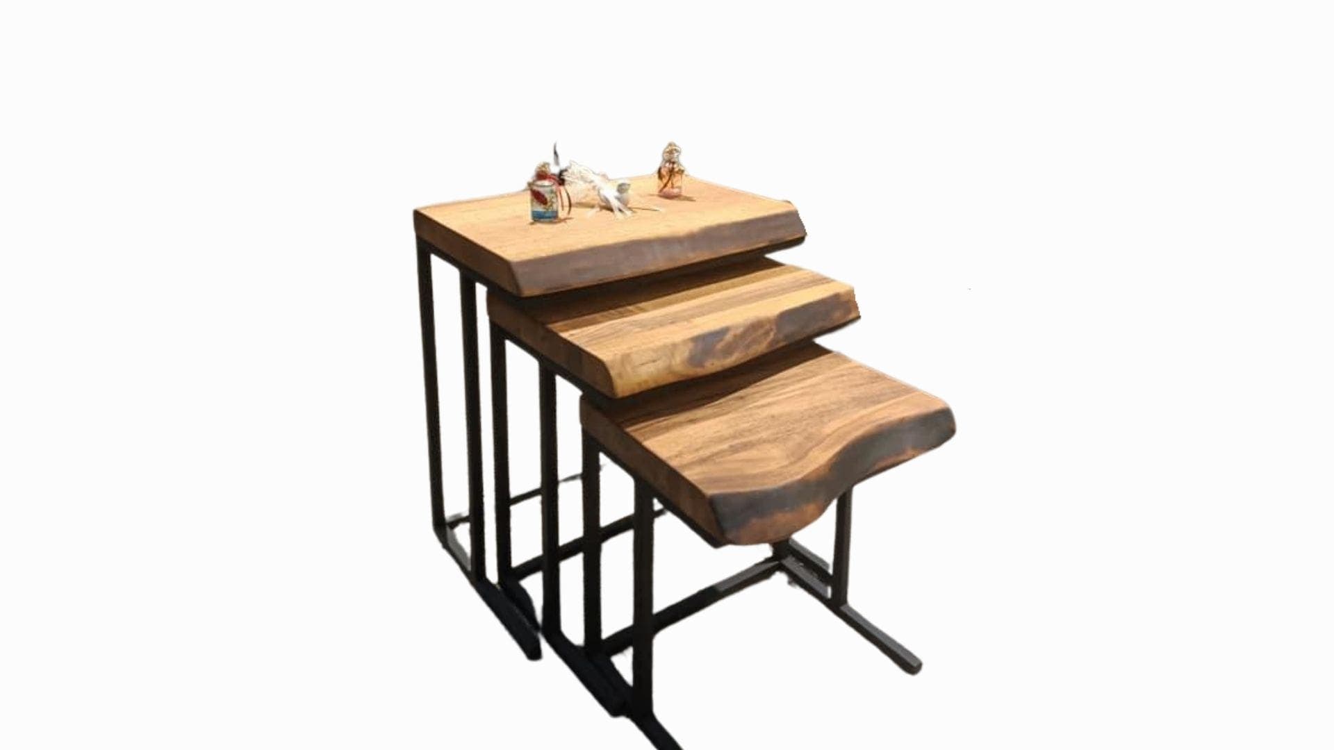 Doğal Ceviz 3'lü Sehpa Metal Ayaklı